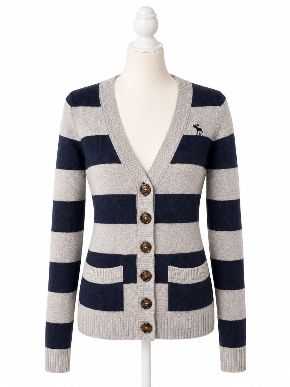 Abercrombie & Fitch Striped Cardigan Sweater XS Gray Navy Rabbit Hair Y2K Preppy